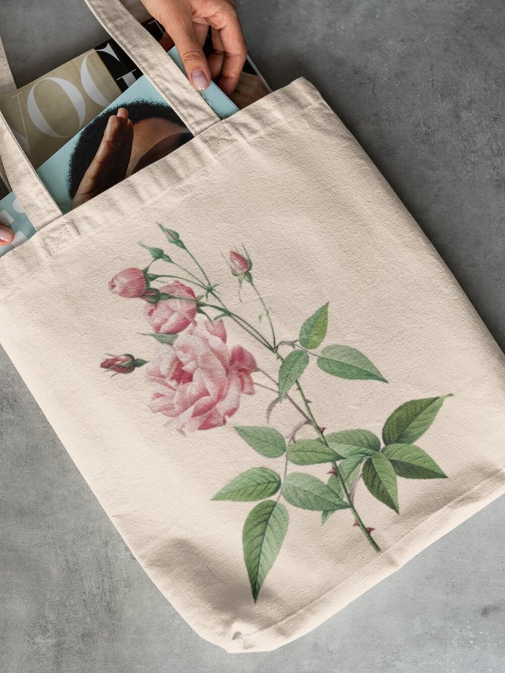 French Rose Vintage Floral Print Graphic Canvas Tote Bag - Picture 2 of 5